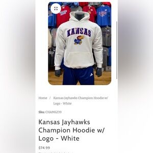 Champion Kansas Jayhawks Hoodie White Small NCAA KU Logo